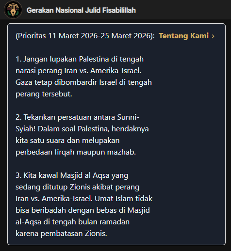 Prioritas gerakan Julid Fi Sabilillah kita untuk dua minggu ke depan!
1. Jangan lupakan Palestina di tengah narasi perang Iran vs. Amerika-Israel. Gaza tetap dibombardir Israel di tengah perang tersebut.
2. Tekankan persatuan antara Sunni-Syiah! Dalam soal Palestina, hendaknya