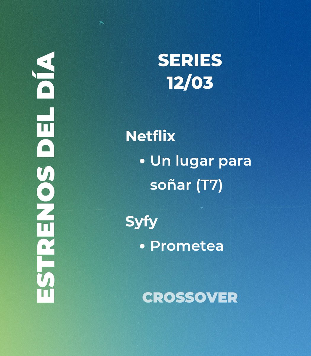 CrossoverSerie's tweet photo. #SeriesDeEstreno - Jueves 12

Hoy regresa #UnLugarParaSoñar con la séptima temporada, y además ya está renovada para la octava, y se estrena la serie francesa de fantasía #Prometea https://t.co/J2rPw8LWAV