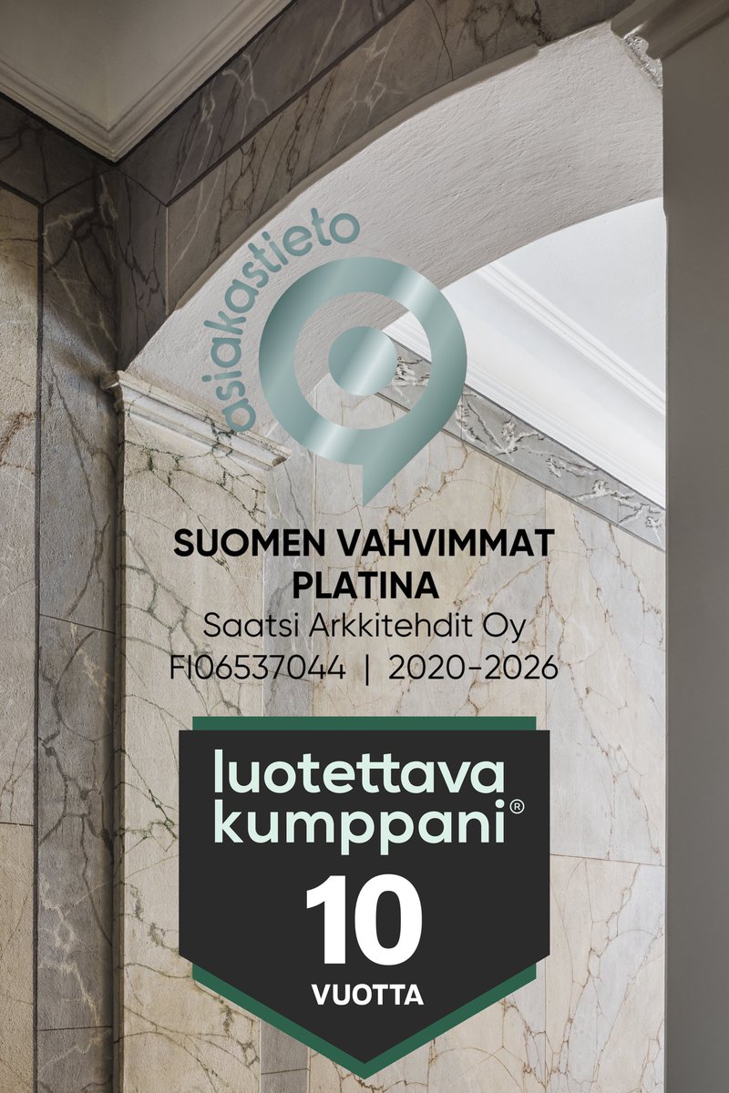🤩 Platinasertifikaatti ja Luotettavaa kumppanuutta 10 vuotta!

💎 Saatsi Arkkitehdit on saanut Luotettava Kumppani 10 vuotta -Luottamusmerkin.

✨ Meillä on myös Suomen Vahvimmat Platina -sertifikaatti, johon on oikeutettu 3% yrityksistä.
