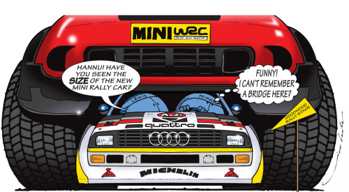 JimBamberToons's tweet photo. A remake of an old cartoon of mine. Back in the 1980's I drew a huge Quattro on top of an Opel Manta. This was drawn for when Hannu Mikkola drove a Quattro at Goodwood. 2011 https://t.co/2m2Bsi5Bf2