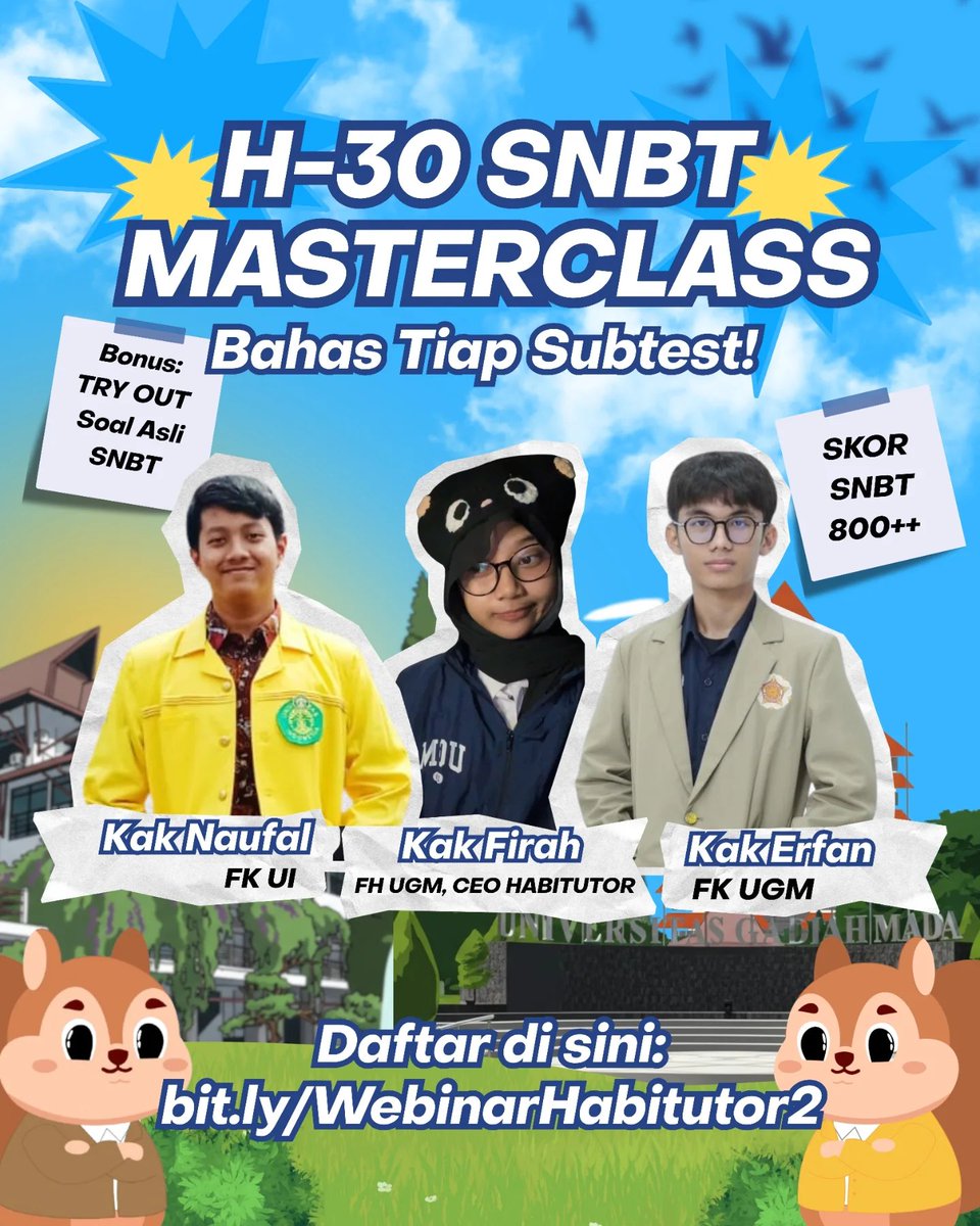 habitutor's tweet photo. 🚀 GRATIS MASTERCLASS SNBT H-30!

• Bedah soal asli SNBT
• Cara berpikir peserta skor 800+
• Strategi naikkan skor
• Try Out + teknik eliminasi jawaban

🎙 Kak Firah | Kak Erfan | Kak Naufal
🗓 15 Maret 2026 | 12.30–14.30 WIB
📍 Zoom

Daftar:
https://t.co/DVXdzSFZHh⁠� https://t.co/X6mtr7Xc7e