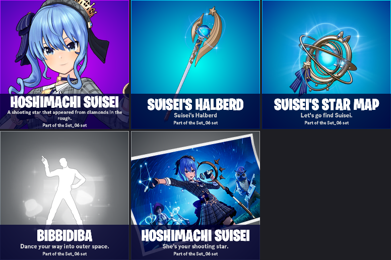 ShiinaBR's tweet photo. FULL SUISEI HOSHIMACHI FORTNITE SET https://t.co/5PqcXgLTRc
