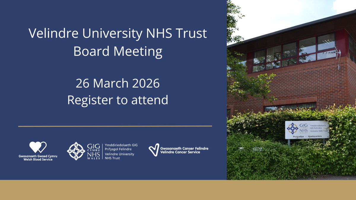 VelindreTrust's tweet photo. The Velindre University NHS Trust Board Meeting will take place on 26 March 2026.
Visit our website for registration details: ⬇️ 

🔗 https://t.co/ABf0ABdUi3 https://t.co/nBYNg8zodN