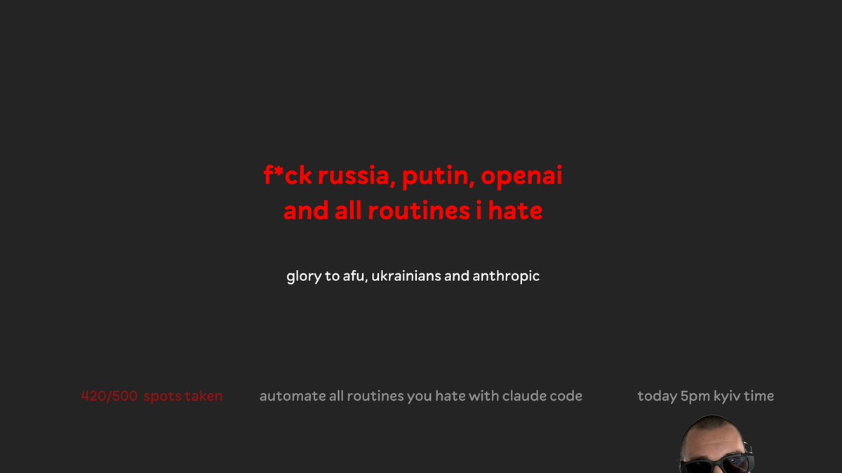 rozhevski's tweet photo. i built a system that automates every routine i hate with claude code

showing it live today — 6pm kyiv / 8am PT

420/500 free spots gone (donation based) https://t.co/qd1X6kSDRM