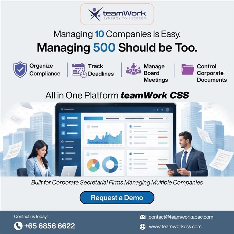 ApacTeamwork's tweet photo. With #teamWorkCSS, #corporatesecretarialfirms can track compliance, deadlines, board meetings, and corporate documents — all in one place.

Work smarter. Stay compliant. Scale confidently.

Request a demo: https://t.co/MoBdPTha3Q

#ComplianceManagement #SingaporeBusiness #RegTech https://t.co/5XpL0rnjmk