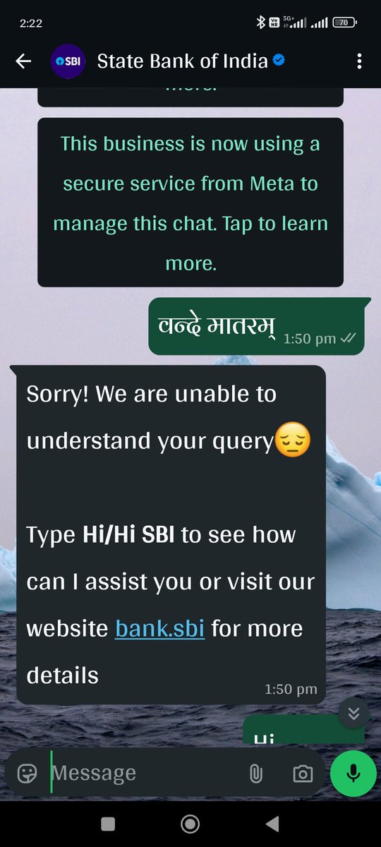 MathuraToday's tweet photo. देश की सबसे बड़ी राष्ट्रीय बैंक भारतीय स्टेट बैंक के whatsapp Bainking app में हिंदी भाषा का हो रहा अपमान l
App हिंदी भाषा को समझने में हैं अक्षम l
देश की बैंक में राष्ट्र भाषा का अपमान क्या उचित है  ? 
@narendramodi 
@nsitharaman 
@AmitShah 
@RBI 
@mukeshskjsmtr https://t.co/eQLvXDat2B