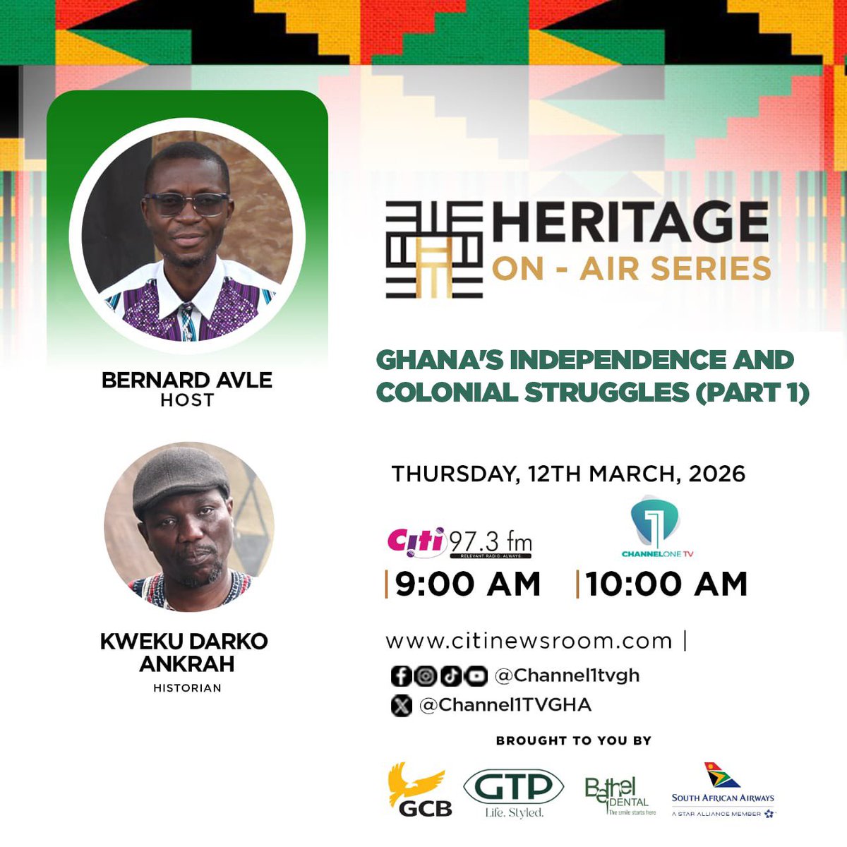 Channel1TVGHA's tweet photo. 🇬🇭 TODAY on Heritage On-Air Series:
@benkoku hosts historian Kweku Darko Ankrah on "GHANA'S INDEPENDENCE AND COLONIAL STRUGGLES (PART 1)"
📻 Citi FM | 9AM
📺 Channel One TV | 10AM
A conversation every Ghanaian needs to hear. 🌍✊🏾
#HeritageOnAir #BernardAvle #Ghana https://t.co/wNuegJP5ZB