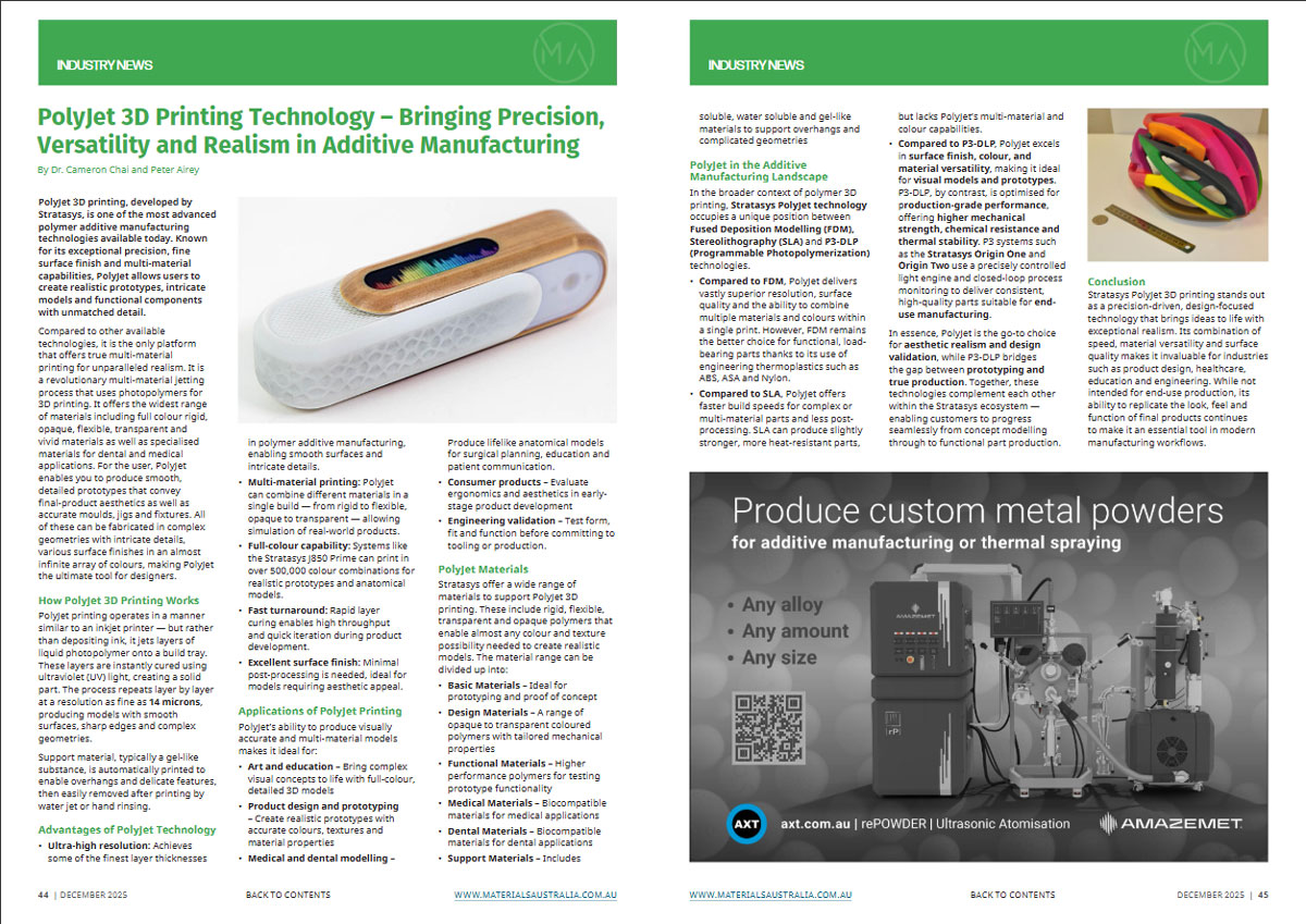 CameronChai's tweet photo. #PolyJet is a #3Dprinting technology develop by @Stratasys that produces components in full colour at high-resolution, ideal for creating realistic prototypes, intricate models and functional components with unmatched detail. Check out my article published in @MaterialsAus https://t.co/KVBw0FcGZ3