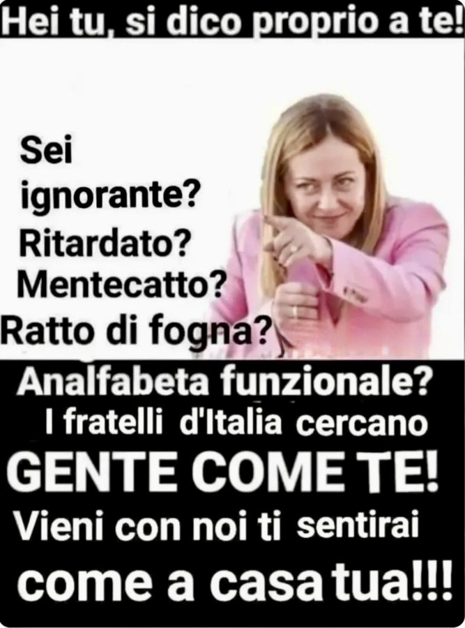 robertodimassim's tweet photo. @FratellidItalia E' ESATTAMENTE IL CONTRARIO.
SIETE PIENI DI CONDANNATI E INDAGATI E CI VENITE A PARLARE DI #LEGALITA' E #GIUSTIZIA?
NOI NON VOGLIAMO SALVARE I #CULI DEI #DELINQUENTI.
VOLETE ASSERVIRE LA #MAGISTRATURA ALLA POLITICA PER FARE I VOSTRI PORCI COMODI.
NOI #VOTIAMONO https://t.co/kDJTAcpRWZ
