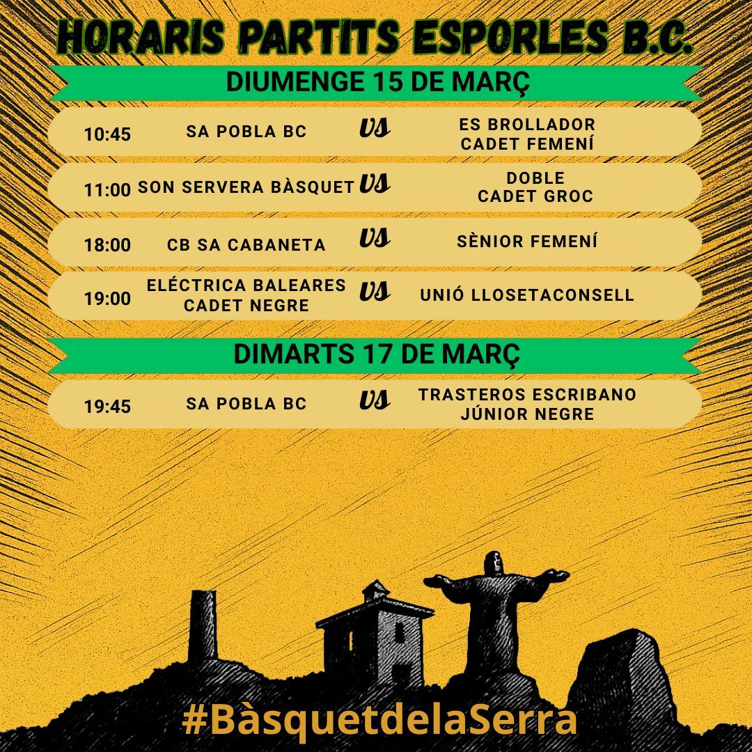 esporlesbc's tweet photo. 🖤🏀💛 PARTITS DE LA SETMANA💛🏀🖤 

#BàsquetdelaSerra #BàsquetAnimat #SomEBC https://t.co/QTiiWZYtFn