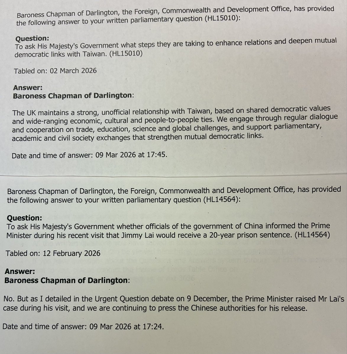 DavidAltonHL's tweet image. Answers to my questions about deepening our relationship with democratic Taiwan and the continued incarceration of Hong Kong’s Jimmy Lai. CCP regime did not tell @Keir_Starmer that they were about to hand down what amounts to a death sentence to #FreeJimmyLai Replies from