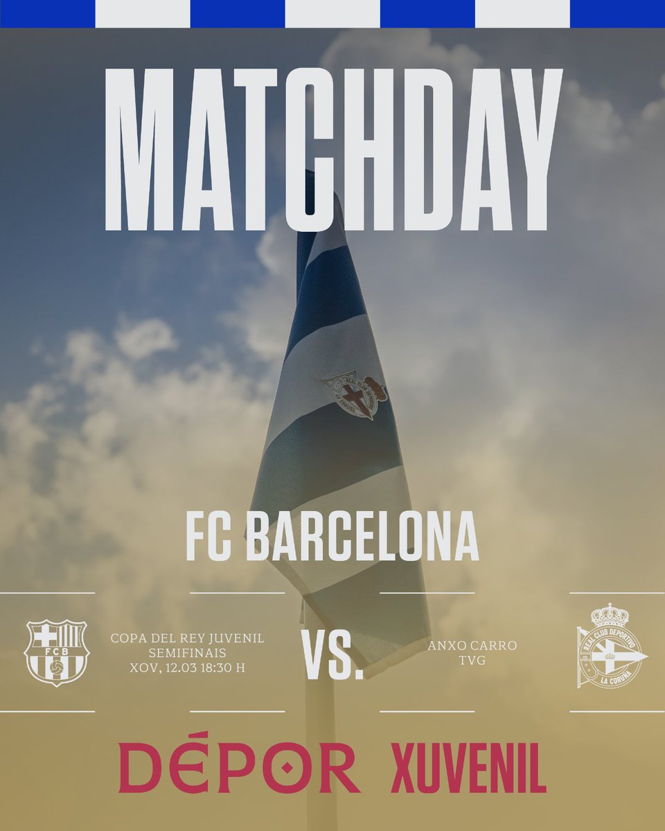 𝐃𝐢́𝐚 𝐝𝐞 𝐩𝐚𝐫𝐭𝐢𝐝𝐨

⚽ @fcbmasia - #XuvenilA 
⌚ 18:30h.
📍 Estadio Anxo Carro 
📺 Youtube <a href="/rfef/">RFEF</a>, TVG 

#BarçaXuvenilA #CopadelReyJuvenil