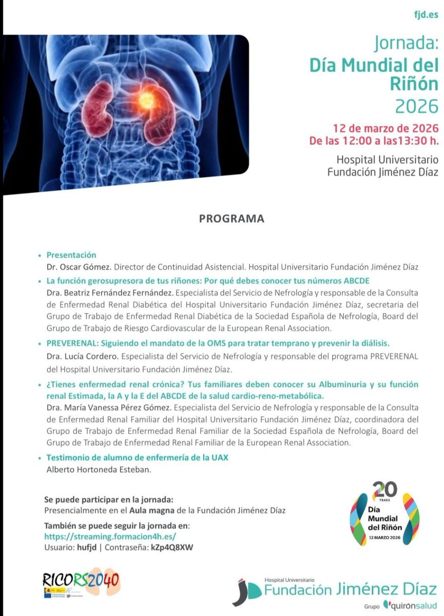 LabNefro_IISFJD's tweet photo. ¡HOY es el #DíaMundialdelRiñón 2026!  Desde el @LabNefro_IISFJD nos esforzamos  para promover la Salud Renal para Todos #WorldKidneyDay @SENefrologia @FJDNefrologia @Hospital_FJD https://t.co/GxxsFVWWs0