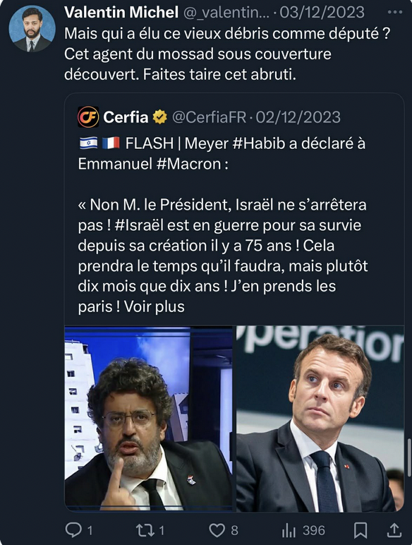 JCoupable's tweet photo. Le 2 décembre 2023, Valentin Michel, collaborateur parlementaire de @xavieralbertini , membre du parti Horizons d’ @EPhilippe_LH  , écrivait sur Twitter :
« Faites taire cet abruti », en s’adressant à @Meyer_Habib .

De tels propos doivent-ils rester impunis ?
⬇️ https://t.co/bdr4IUVMHQ