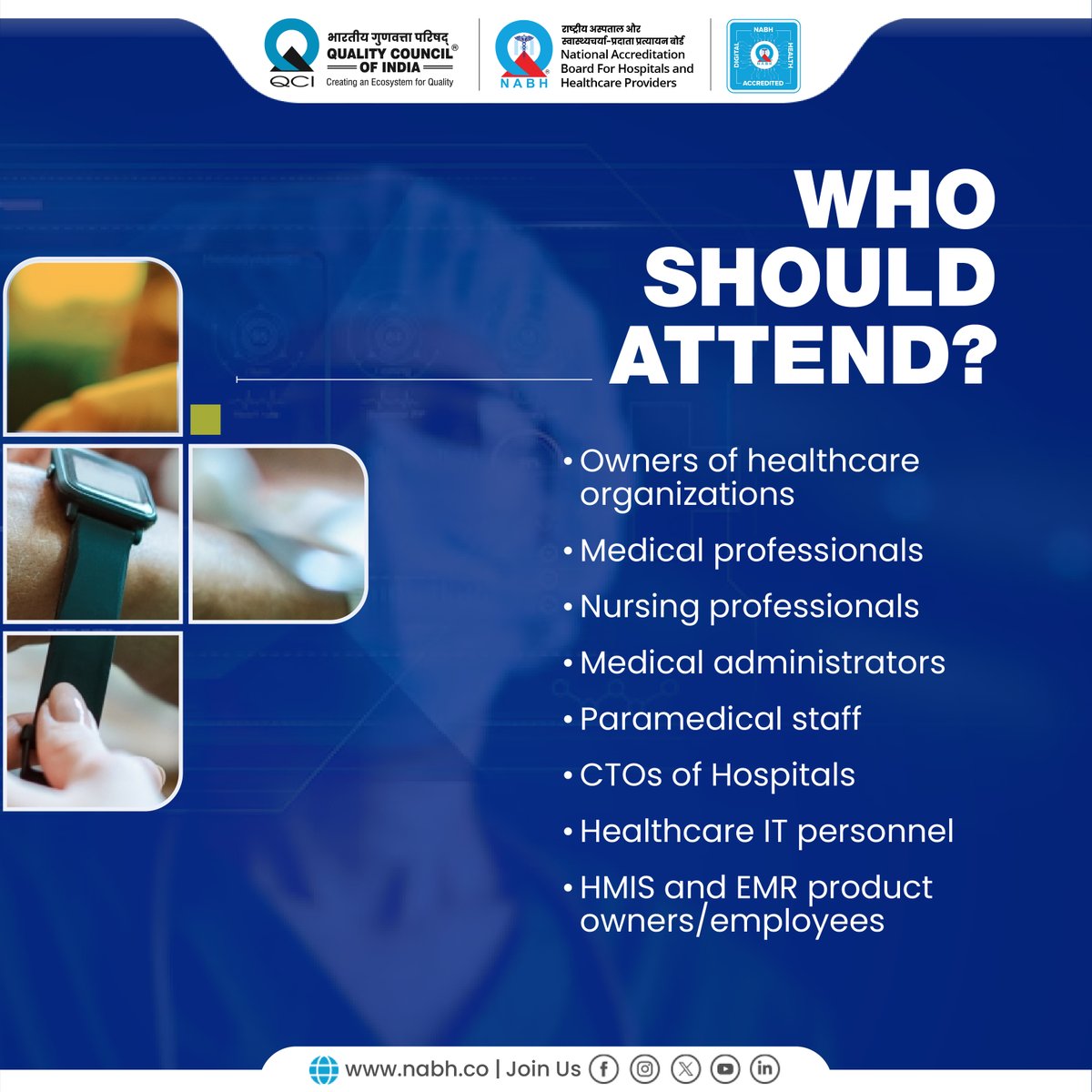 NABH_QCI's tweet image. Be part of the upcoming NABH Workshop on Programme on Implementation (#PoI) of #DigitalHealthStandards for Hospitals (2nd Edition).  

Gain hands-on understanding of implementing NABH Digital Health Standards to enhance #PatientSafety, streamline hospital information systems, and