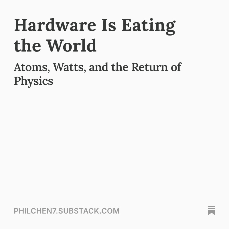 philchen77's tweet photo. "Software is eating the world" was 2011. @pmarca 
In 2026, Hardware is eating the world.

As @garrytan often says, we need to build for the long term. But the Jevons Paradox of Intelligence shows that the more software we generate, the more we run into the hard walls of physics: Power, Silicon, and Thermal.

My latest on why the "Soft Heads" are losing to the "Hard Hats" and why Taiwan is the new Switzerland: https://t.co/7gbBDASBtP