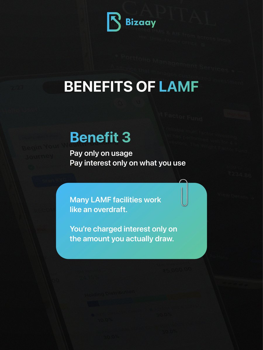 bizaayhq's tweet image. LAMF is for investors
who treat their portfolio as an asset, not an ATM.

Get instant loans againt mutual
funds on bizaay app.

#bizaay #lamf #financing #investing