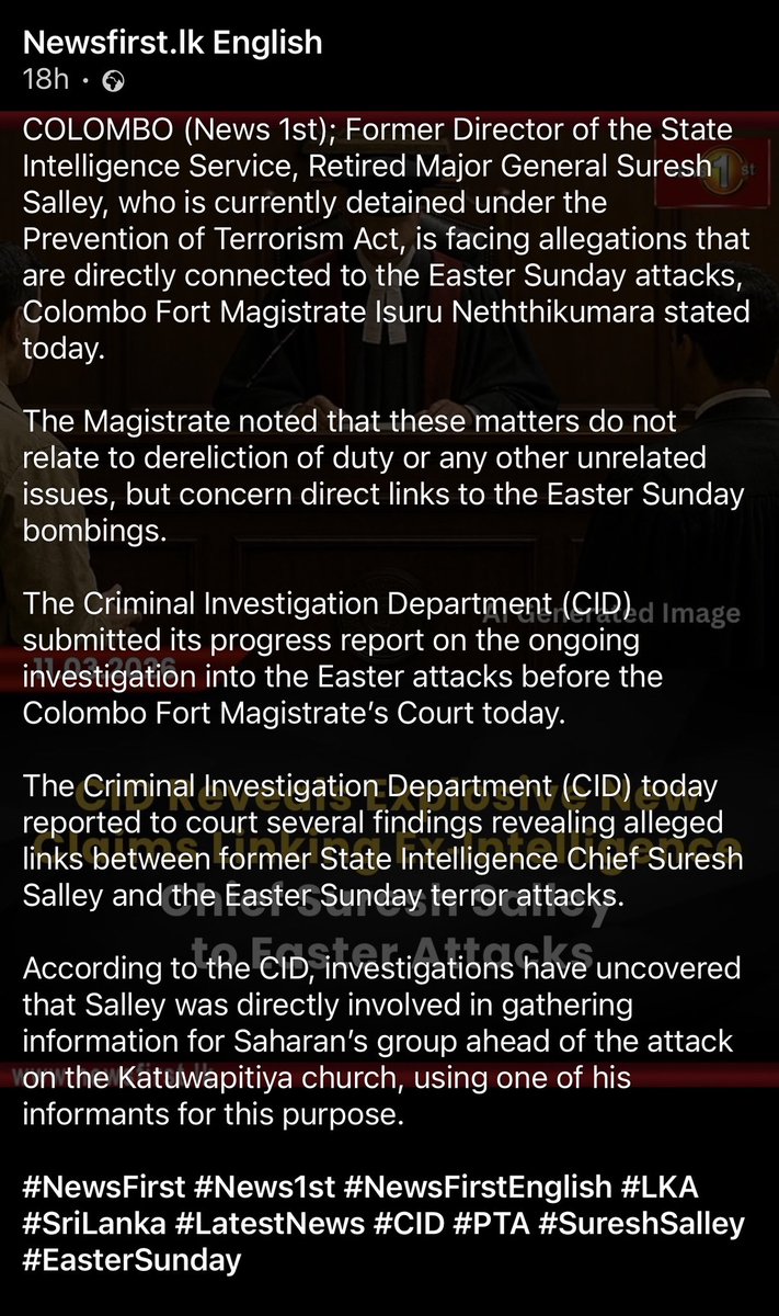 ColomboMirror's tweet photo. Colombo Fort Magistrate has stated on March 11 that - #lka Fmr State Intelligence head, Rtd Maj.Gen Suresh Salley, currently in detention custody, is facing allegations that are directly connected to the Easter bomb attack, reports a private TV. https://t.co/zkkPT4DcXB