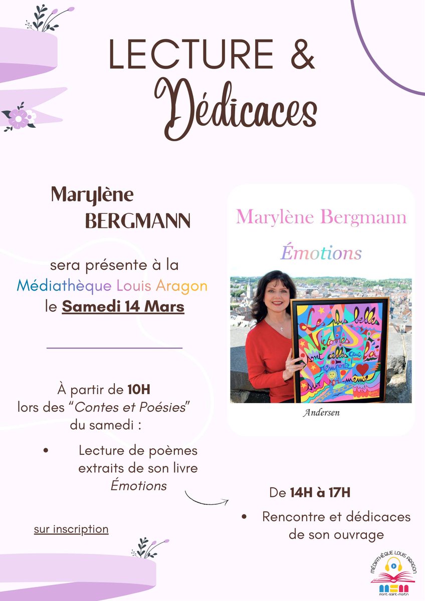 AndersenEdition's tweet photo. Samedi 14 mars | Rencontre : Marylène Bergmann dédicacera Émotions à la bibliothèque-médiathèque Louis Aragon de Mont-Saint-Martin samedi de 14h à 17h (Centre socio-culturel Maurice Kriegel-Valrimont, 10 Rue de  Bordeaux, 54350 Mont-Saint-Martin)
#MarylèneBergmann #Émotions https://t.co/EBLEcHPPwQ