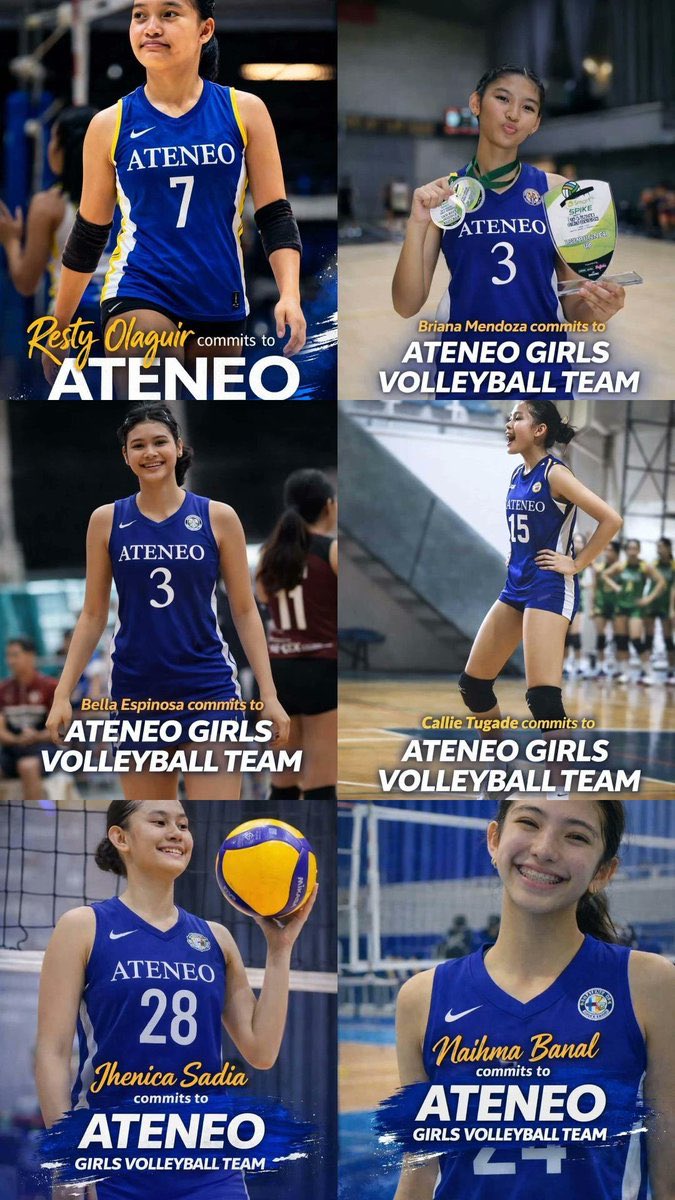 AGVT Newest Recruits:

Briana Mendoza  ( MB/OPP) - 6’0
Bella Espinosa (MB) - 5’11
Naihma Banal (OH) - 5'7
Callie Tugade (OH) - 5'8
Nica Sadia (MB) - 5'8
Resty Olaguir (Setter) - 5'4

ONE BIG FIGHT GIRLS! 💙🤍🦅 #ATENEO }#AGVT