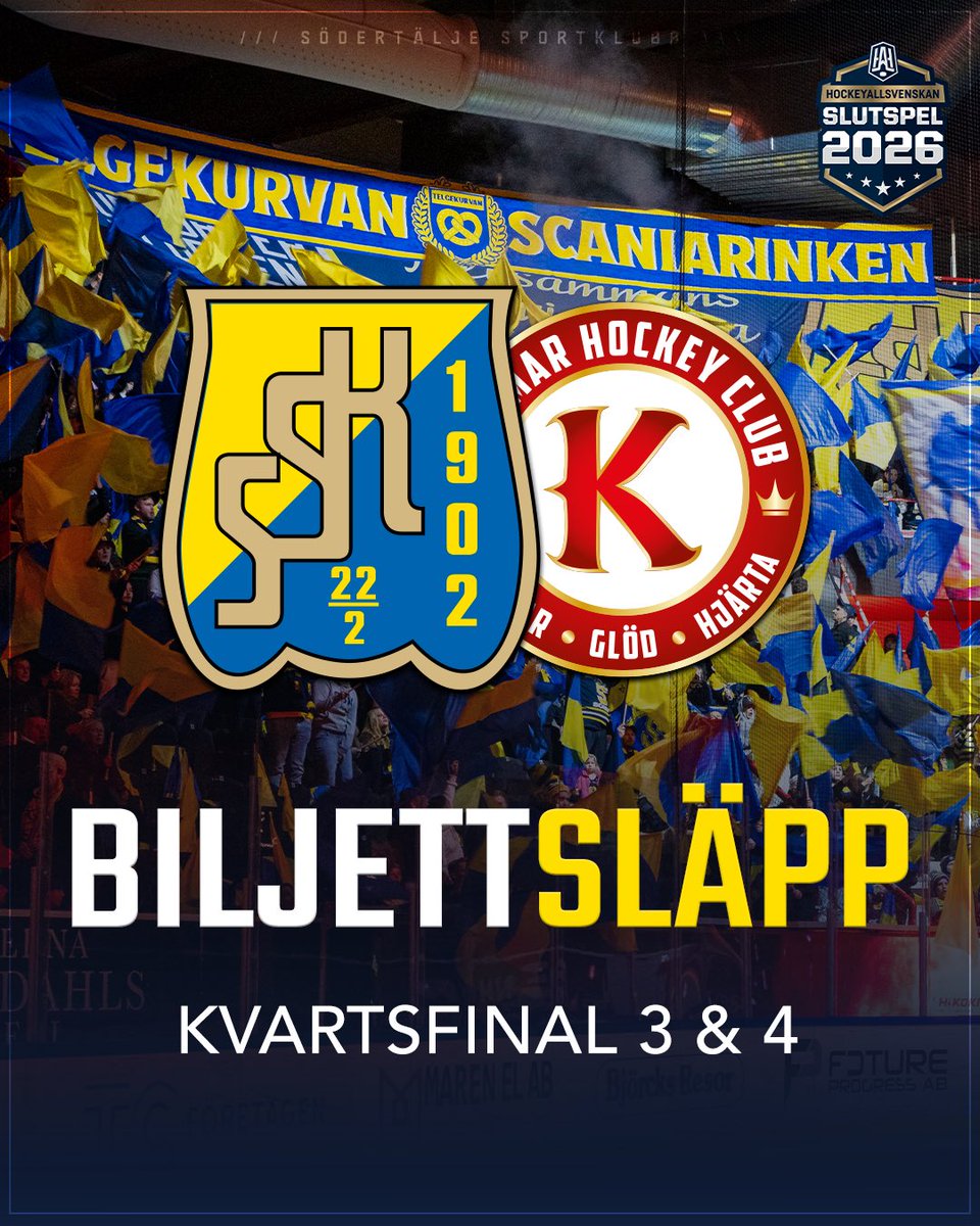 SodertaljeSK's tweet photo. Slutspelet fortsätter och Kalmar väntar.
Förra året bjöd lagen på heta känslor, fullsatta läktare och en matchserie att minnas. Nu är det dags igen.

Templet ska koka🤝

Kvartsfinal 3 &amp; 4
📅 19 mars 19:00
📅 21 mars 18:00

Säkra din plats: https://t.co/FHNHxaDolG https://t.co/6Cn0TNkSAK