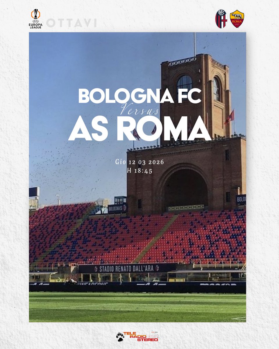 🟡🔴 MATCH DAY 🟡🔴
🏆 OTTAVI DI FINALE 
🗓️ BOLOGNA-ROMA
🕙 18:45
🏟️ Stadio Dall’Ara
Live dalle 17:00
Radiocronaca integrale di <a href="/AlessioNardo/">Alessio Nardo</a> - <a href="/AndreaCorallo10/">Andrea Corallo</a> 
📻 92.7 FM
📺 76 DTV
Twitch.tv/teleradiostereo