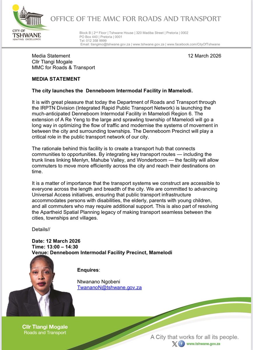 tlangimich's tweet photo. Thobela Mamelodi! As promised, we are today handing over this long awaited project on the Denebom Intermodal facility which will be very critical in Intergrating our BRT line expansion to Mamelodi. 

The rationale behind this facility is to create a transport hub that connects communities to opportunities. By integrating key transport routes — including the trunk lines linking Menlyn, Mahube Valley, and Wonderboom — the facility will allow commuters to move more efficiently across the city and reach their destinations on time.

@CityTshwane