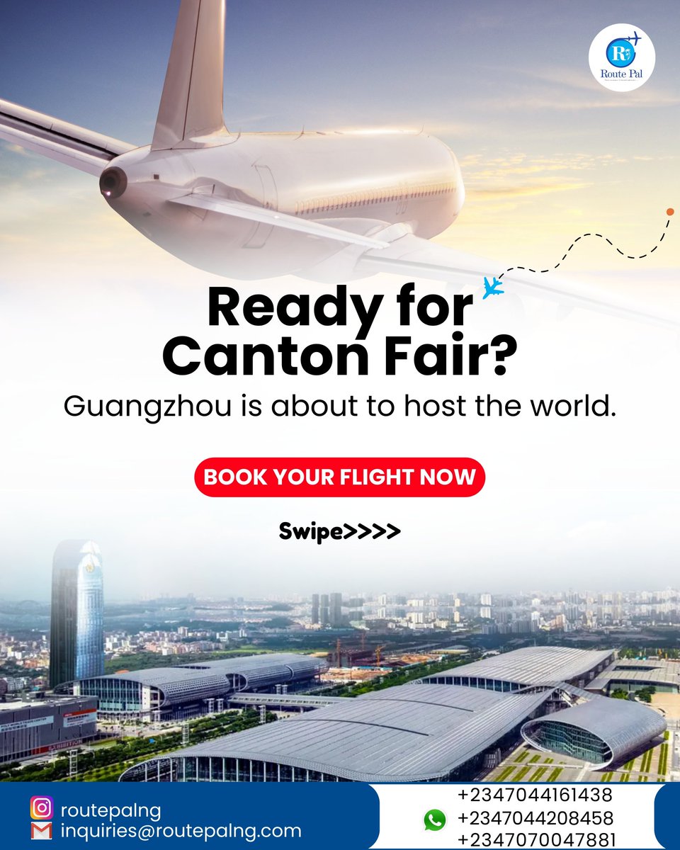 Routepalng's tweet photo. These limited flight deals are perfect for business owners, importers, and entrepreneurs planning to attend the fair.

Seats are limited and fares may change at any time, so early booking is advised.

Send a DM to secure your flight for the Canton Fair now!

#routepal #cantonfair https://t.co/Qp6DtIGAfP