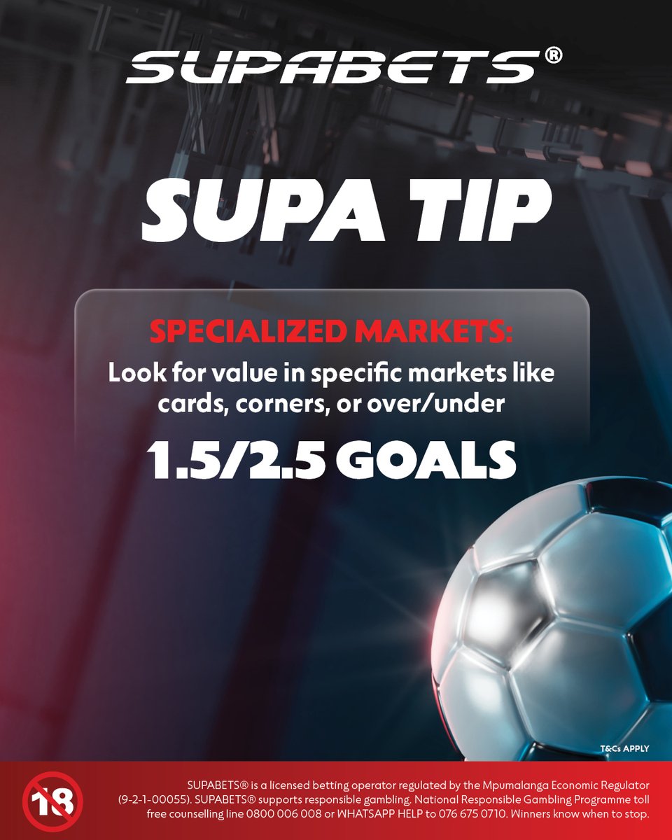 Supabets_mzansi's tweet image. 💡SUPA TIP - FOOTBALL ⚽️

We don't always have to look at the regular 1⃣❌2⃣

Take your time and learn about our other Specialized Markets😉

#Supatip #BetResponsibly #Supabets

18+| Bet Responsibly