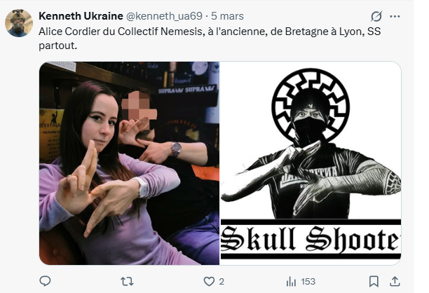 BisonRavi_007's tweet photo. Si dans sa fragile défense Alice Cordier et les féminazies de Némésis font référence à la symbolique d'un groupe de rap, c'est de "Skull Shooter" dont elles parlent, un collectif néonazi qui s'est en effet essayé au rap, en adoptant des symboles nazis.  🥸 #Némésis #AliceCordier https://t.co/V3wbMlWm13