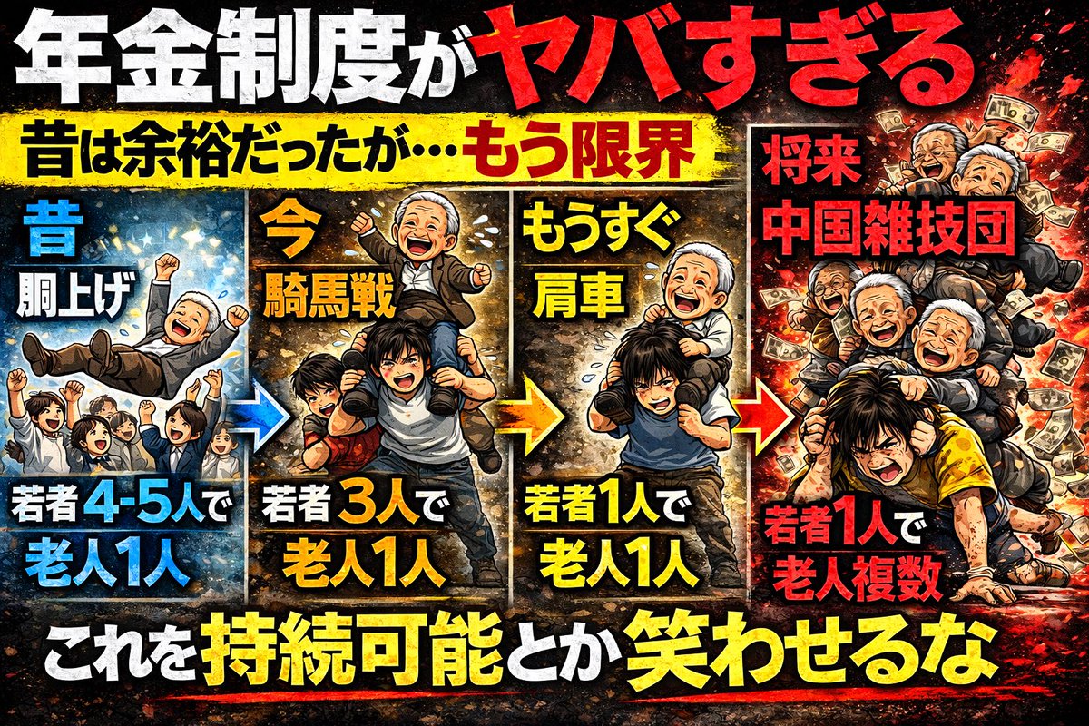 kage818's tweet photo. まだ年金もらえると思ってる？

年金制度がどれだけヤバいか

昔は胴上げ型
若者4〜5人で高齢者1人を支える。

それが騎馬戦型になり、
もうすぐ肩車型になる。

そしてその先は、
もはや中国雑技団スタイル。
若者1人で複数の高齢者を支える世界。

これを“持続可能”と言い張るのは、
さすがに無理。 https://t.co/5sWvPLT4ly