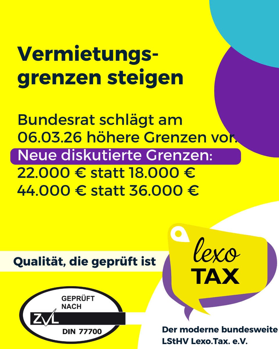 LexoTax's tweet photo. Viele Arbeitnehmer haben Mieteinnahmen neben dem Gehalt.

Jetzt soll das Steuerberatungsgesetz geändert werden.

Neue Grenzen für Lohnsteuerhilfevereine:

• 22.000 €
• 44.000 €

Warum das wichtig ist 👇
https://t.co/bjUrEzo5t7 https://t.co/Sa5s9N6oe4