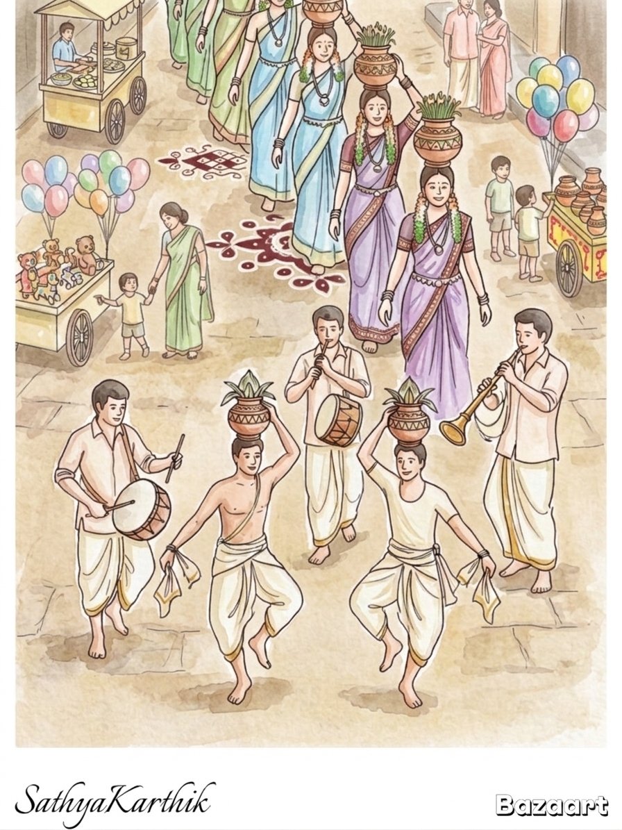 தப்பாட்டம் முழங்க
கரகாட்டம் ஒயிலாட்டம்
பூமி அதிர
சாமி வரும் வீதியெங்கும்
சந்தனமும் குங்குமமும் 
கதம்பமல்லி
மரிக்கொழுந்து சூடி
முளைப்பாரி சுமந்து வரும் மங்கையரின்
வியர்வை மணக்கும் திருவிழா

#கவிதை_மாரத்தான் 
#நாள்006   053