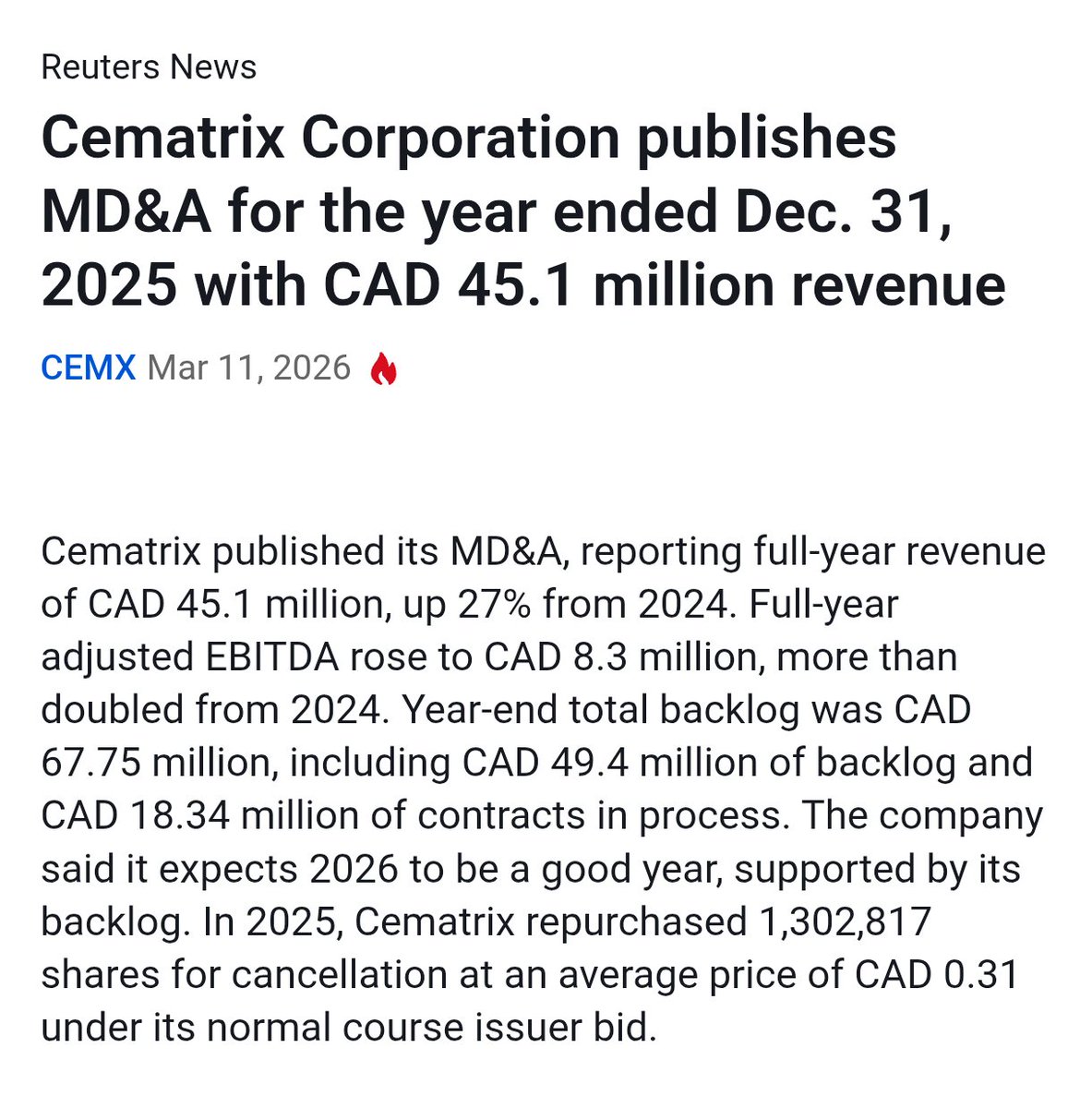 jakubhajost's tweet photo. This is only a little highlight. The actual results with new contracts announced already in Q1 2026 make #Cematrix a very easy hold.
Compared to peers and intrinsic value, even at 0.45 CAD the stock is undervalued IMHO.
$CEMX.TO https://t.co/UwGYIcjqdl