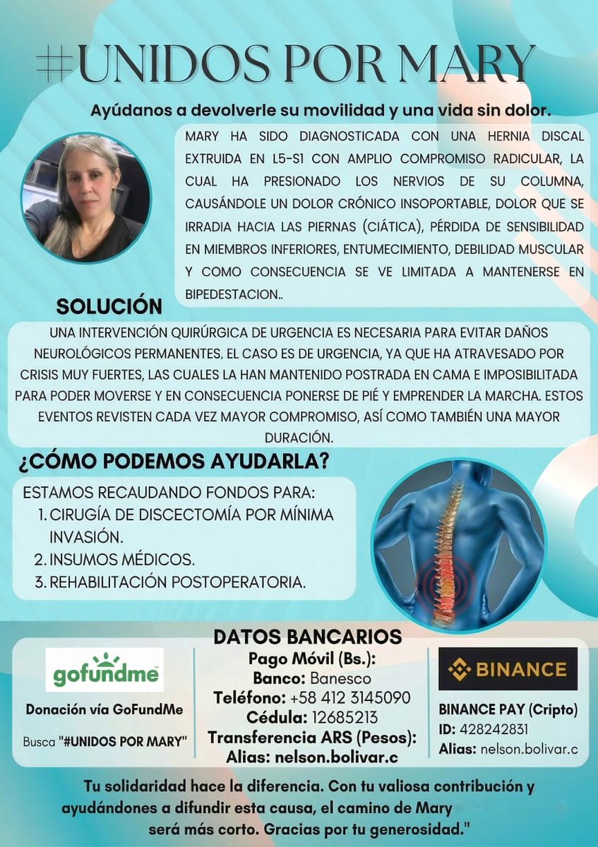 Conocí a Mary en la #UCV, en donde ambas trabajábamos. Siempre era la que nos resolvía todos los problemas en el postgrado de física ☺️ Ella sigue allí 💪🏽
Hoy necesita de ayuda🙏 Necesita esta operación urgente. 
¡Nos ayudan compartiendo! 
Muchas gracias. 
gofundme.com/f/unidos-por-m…
