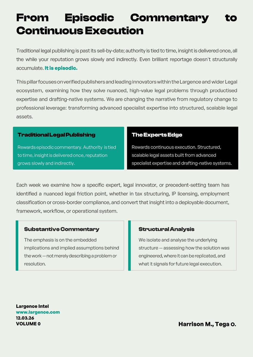 LargenceIntel's tweet photo. Legal insight is abundant. Structured expertise is rare.

The Expert’s Edge — the fourth of six pillars of Largence Intel.

Exploring how legal innovators turn specialist expertise into scalable systems.

A short introduction today. More soon.

#LegalIntel #LegalInnovation https://t.co/liSyDw97fS