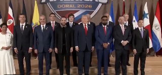 Bella9339's tweet photo. EPIC MOMENT IN FLORIDA:  President Trump just posed for a massive group photo with El Salvador’s Nayib Bukele, Argentina’s Javier Milei, and other Latin American leaders at the Shield of the Americas ceremony. https://t.co/FitbXpwFM2
