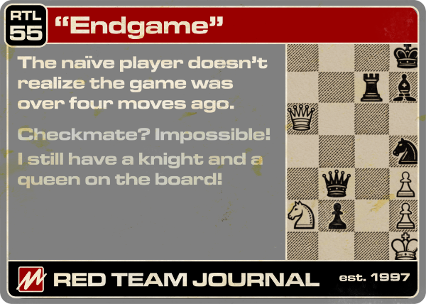 redteamjournal's tweet photo. Here's the first new Red Team Journal "law" card in a few years!

Watch for a new card weekly. If the response is positive, we might even open a version of the site just to host the cards, which, incidentally, will need to be renumbered as we likely drop some and renumber others. https://t.co/7gqKXpEGrT