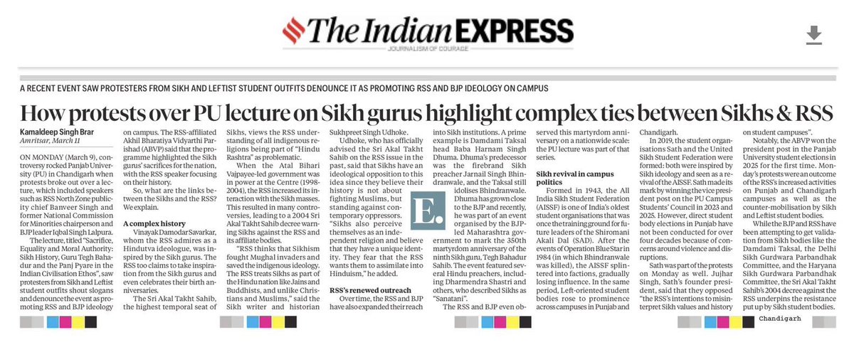 How protests over Panjab University lecture on Sikh Gurus highlight the complex ties between Sikhs and the RSS. 
indianexpress.com/article/explai…