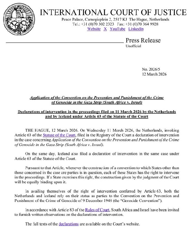 🇳🇱🇮🇸 JUST IN: The Netherlands and Iceland just joined South Africa's genocide case against Israel at the ICJ.

Let that sink in. Two Western nations. Stepping up. While the US and UK stay silent. While Germany keeps arming. While the EU sanctions Iran instead.

This is not about