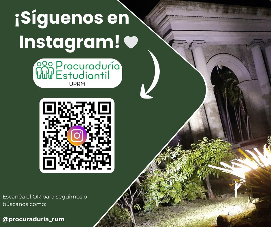 ProcuradoraRUM's tweet image. ¿Ya sigues a la Procuraduría Estudiantil del RUM en Instagram?

📲 Mantente al día con información importante, recursos y recordatorios académicos.

Síguenos: @procuraduria_rum

#UPRM #RUM #VidaColegiada