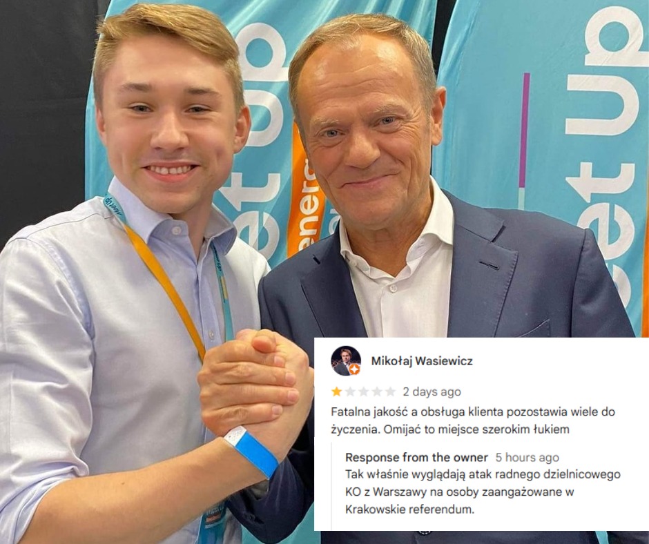 Partia Tuska prowadzi zorganizowaną akcje hejtu! 
Przedsiębiorcy z Kraków, którzy zbierali podpisy pod referendum w sprawie odwołania Prezydenta Krakowa Miszalskiego, są masowo atakowani w wizytówkach Google. W akcji biorą udział Politycy z warszawskiej platformy, którzy próbują