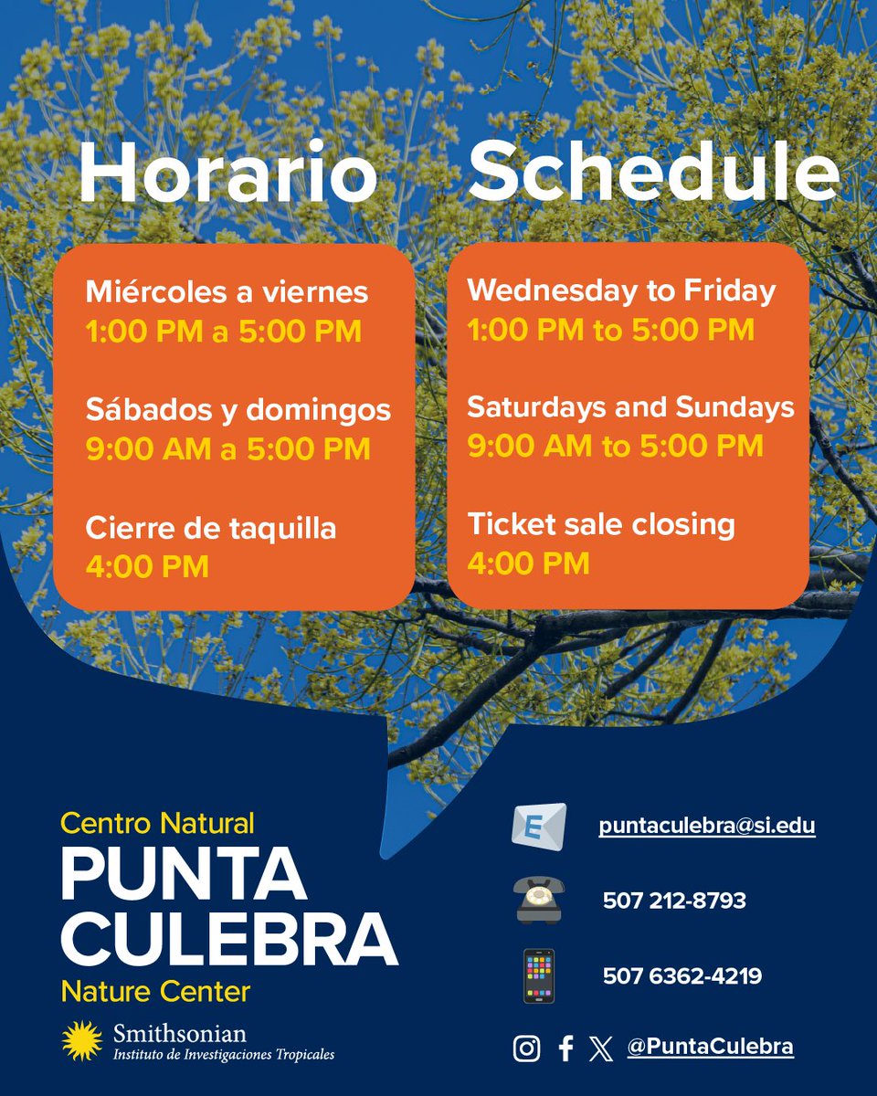 PuntaCulebra's tweet photo. A partir del martes 17 de marzo, cambiamos nuestro horario:
🗓 Miércoles a viernes: 1 PM – 5 PM
🗓 Sábados y domingos: 9 AM – 5 PM
⏰ Cierre de taquilla: 4 PM

📚 Para información sobre nuestro programa escolar, contáctanos a:
✉️ puntaculebra@si.edu
📱 +507 6362-4219
☎️  212-8793 https://t.co/qj5ZSAJDt4