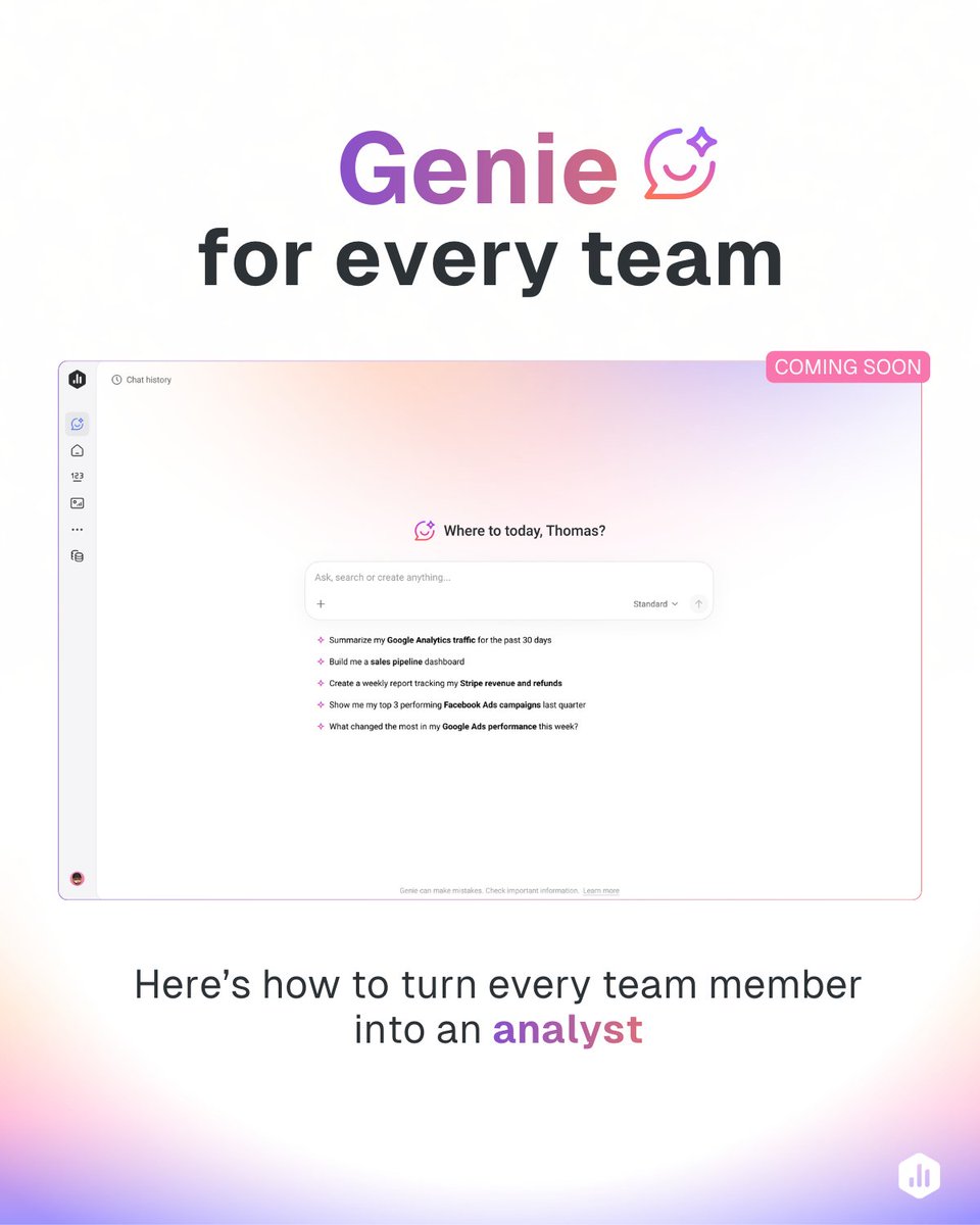 Every team asks different questions about performance.

But not everyone has access to the answers.

With Genie, everyone can explore, understand, and act on data without waiting.

🧞 Join the waitlist to learn more about Genie and get updates about our launch event: