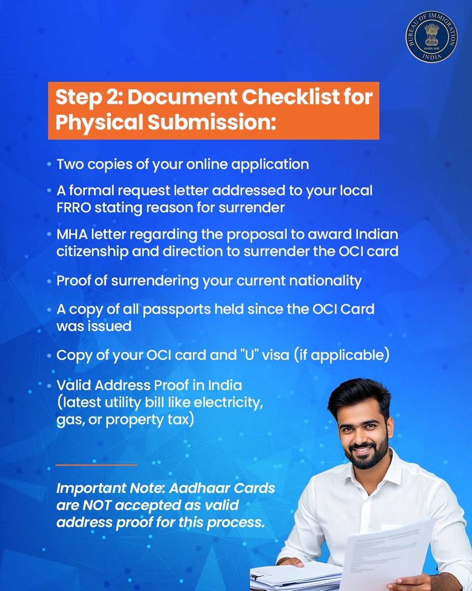 BOIndiaOfficial's tweet image. Planning to renounce your #OCI Card for #IndianCitizenship? 🇮🇳

Follow this simple step-by-step guide to complete the process through your nearest #FRRO office.
From online application to document submission and payment — everything you need to know in one place.