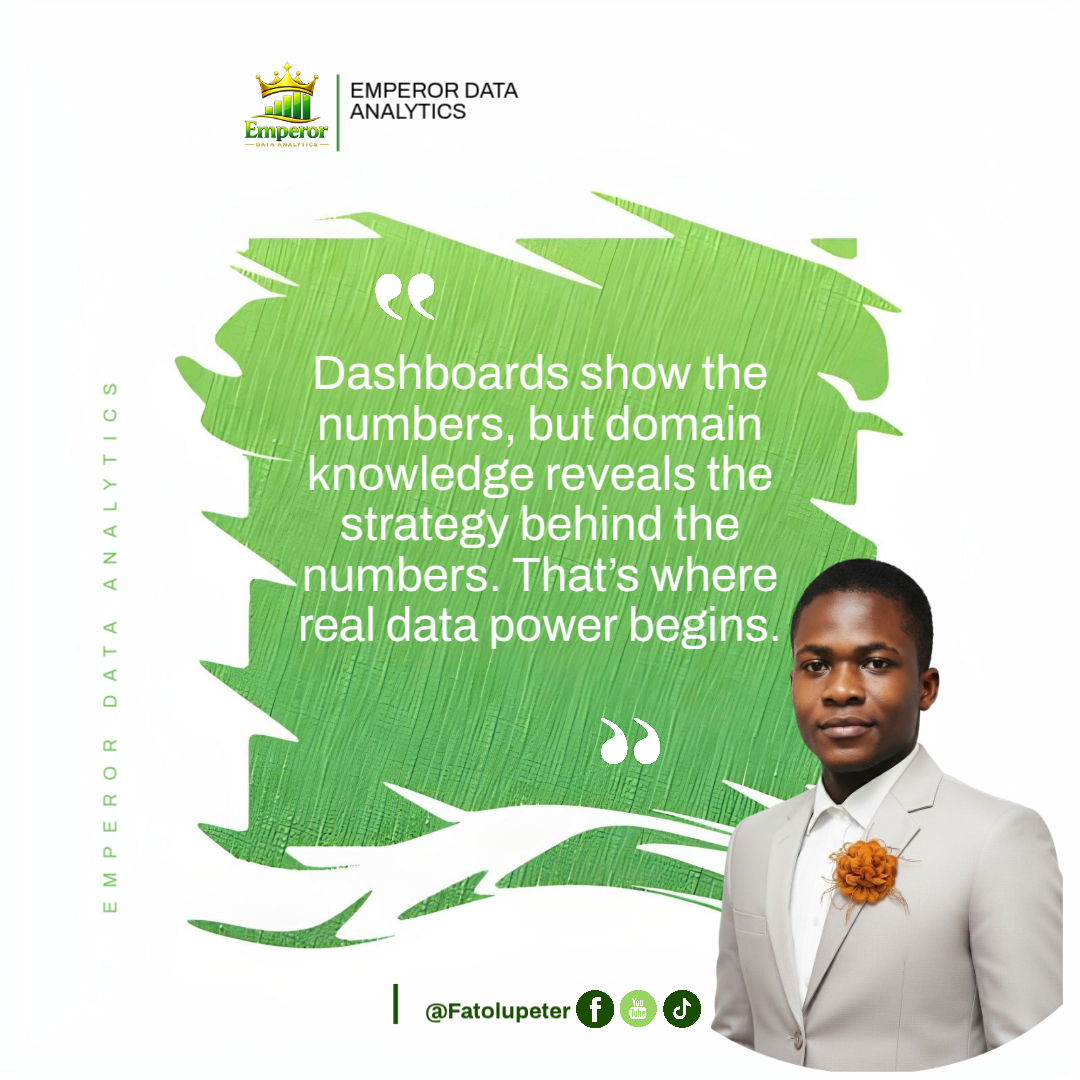 PeterFatd1's tweet image. Great data analysts don’t just build dashboards.They understand how companies actually make money.Numbers show performance.
 Domain knowledge reveals the strategy behind them. 📊💡#DataAnalytics #BusinessStrategy #DomainKnowledge