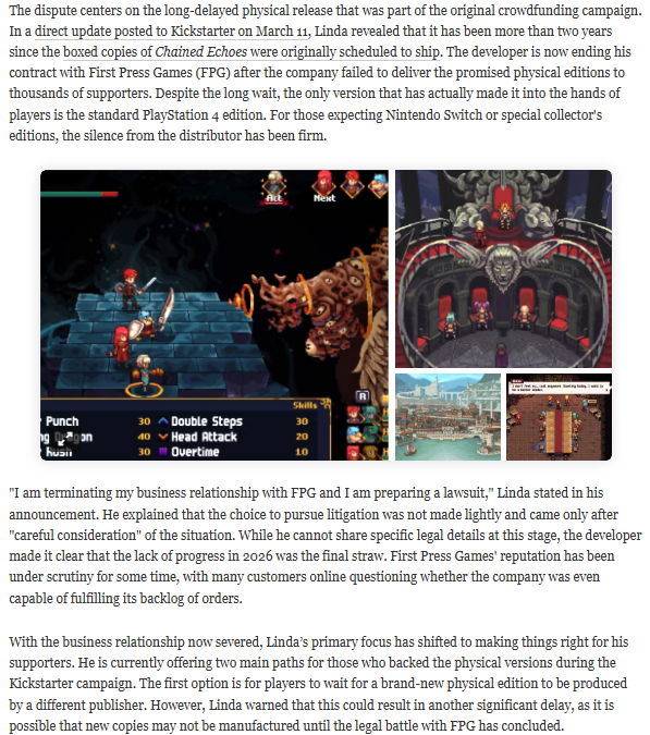 AiToday420's tweet photo. #chainedlife  Dev is Filing a Lawsuit Against First Press Games

The creator behind the hit indie RPG Chained Echoes, Matthias Linda, has officially decided to take legal action against his physical distribution partner. While the project has been in the spotlight for its critica https://t.co/CCO0B78075