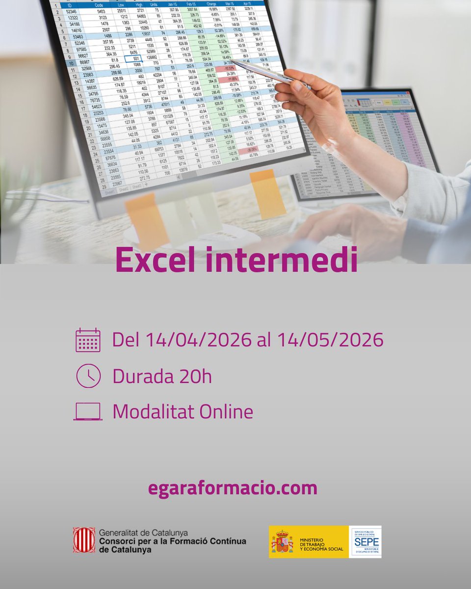 EgaraFormacio's tweet photo. 📊 Millora la teva eficiència amb Excel: gestió de dades, fórmules avançades, funcions condicionals, gràfics i taules dinàmiques per analitzar informació amb agilitat.

📆Del 14/04/2026 al 14/05/2026
▶️https://t.co/fHs0B3YfH0

#CompetènciesDigitals #Productivitat #MicrosoftExcel https://t.co/mVdYTesZm7