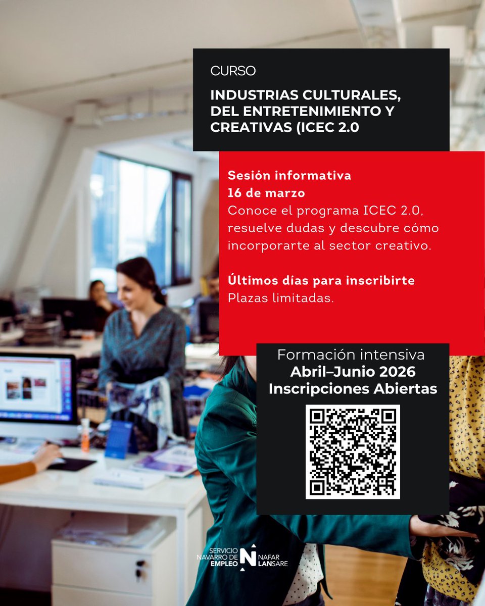 empleo_na's tweet image. #ÚltimasPlazas
🎨💡 ICEC 2.0: trabaja en el sector creativo
Dirigido a personas con formación o experiencia en #diseño, #audiovisual, #comunicación o #gestión cultural.

📅 El 16 de marzo. Sesión informativa para resolver dudas.

✍️administracionelectronica.navarra.es/EmpleoFormate.…