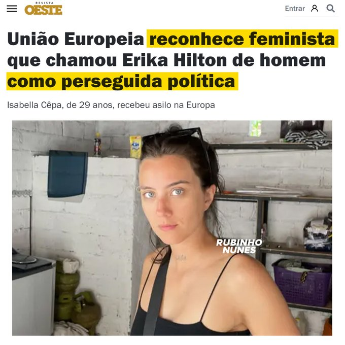 RubinhoNunes's tweet photo. O curioso caso da presidente da Comissão de Defesa dos Direitos da Mulher perseguindo uma mulher feminista até ela ser obrigada a sair do próprio país por exercer a própria opinião. https://t.co/rR0dAL9TFb